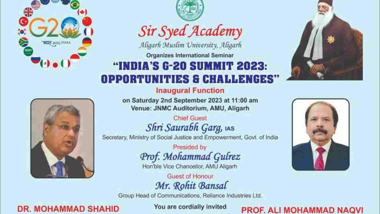 Sir Syed Academy To Organise International Seminar On G-20 Summit On September 2 Sir Syed Academy To Organise International Seminar On G-20 Summit On September 2
